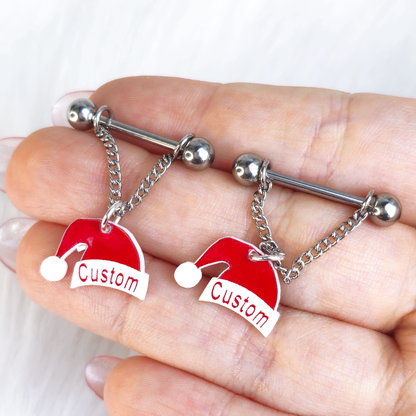 Custom Santa Hat Personalized Dangle Barbell Nipple Ring Set