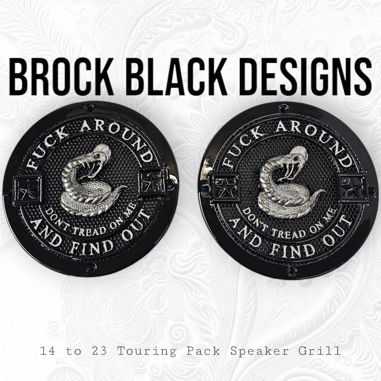 A set of Don't Tread on Me 14-23 Harley Davidson Touring Pack Speaker Grill Cover Guard