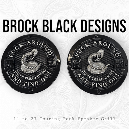 A set of Don't Tread on Me 14-23 Harley Davidson Touring Pack Speaker Grill Cover Guard