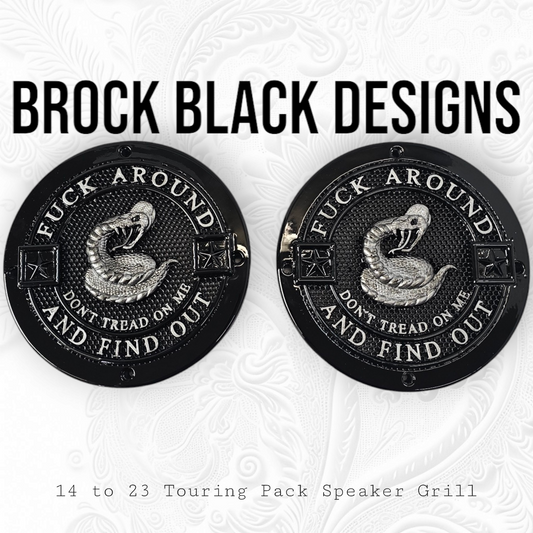 A set of Don't Tread on Me 14-23 Harley Davidson Touring Pack Speaker Grill Cover Guard