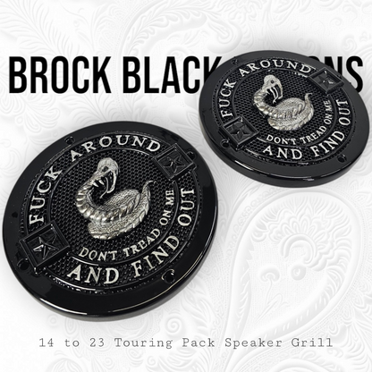 A set of Don't Tread on Me 14-23 Harley Davidson Touring Pack Speaker Grill Cover Guard