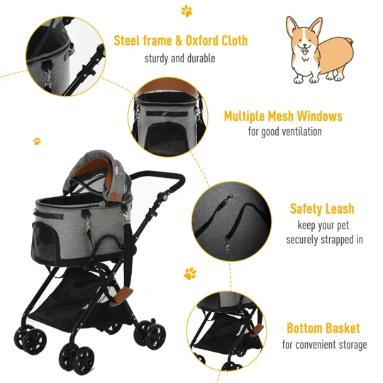 Luxury Folding Pet Stroller Travel Carriage 2 In 1 (Grey)
