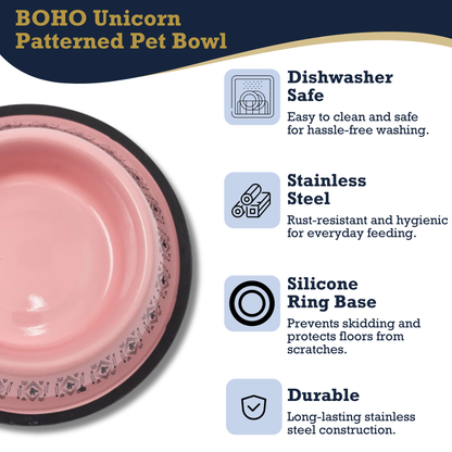 Non-Skid Boho Stainless Steel Dog Bowl – with Whimsical Unicorn Design, Silicone Base for Medium Dogs – 24oz