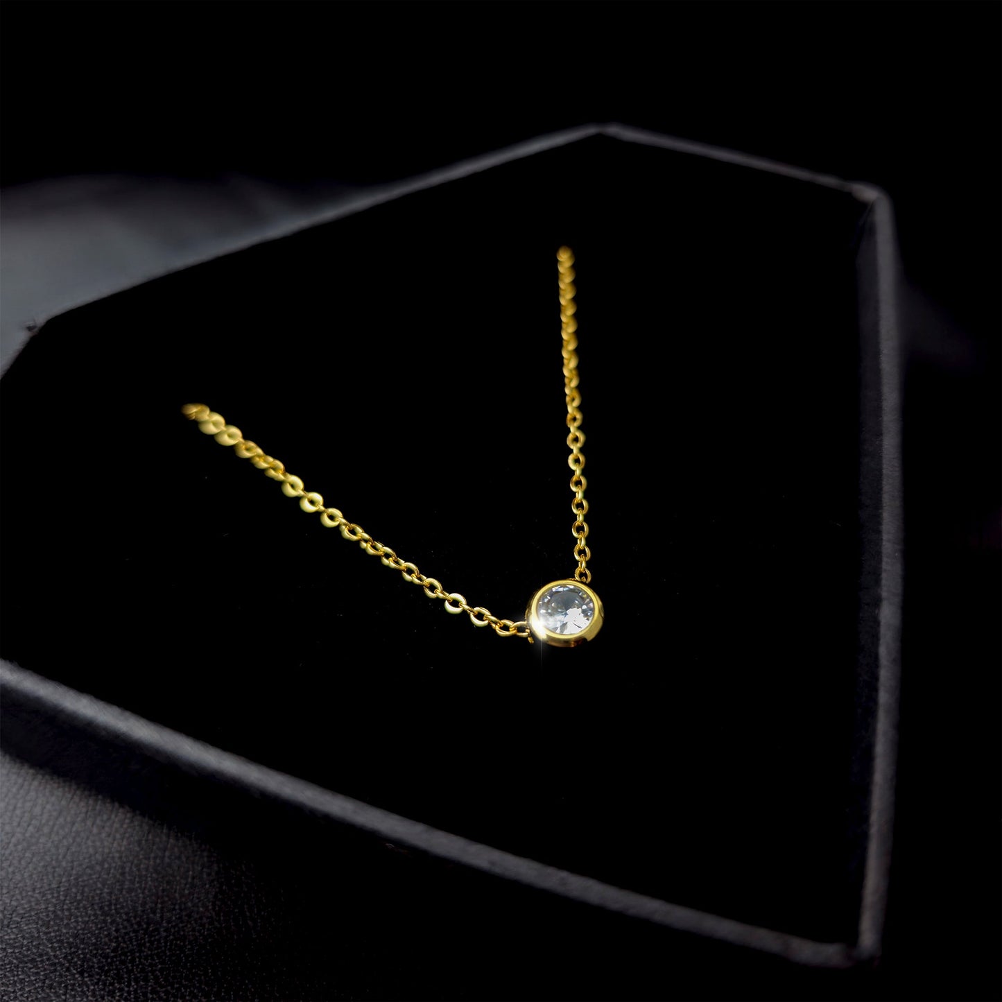 Stainless Steel Gold Tone PVD Chain Dainty Bezel CZ Pendant Necklace