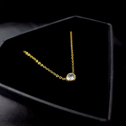 Stainless Steel Gold Tone PVD Chain Dainty Bezel CZ Pendant Necklace