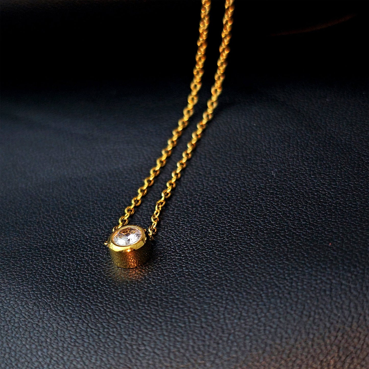 Stainless Steel Gold Tone PVD Chain Dainty Bezel CZ Pendant Necklace