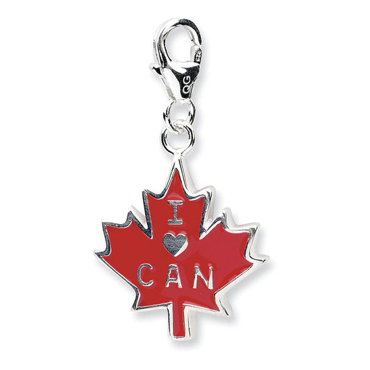 925 Sterling Silver 3D Enameled I Love Canada Maple Leaf Dangle Charm