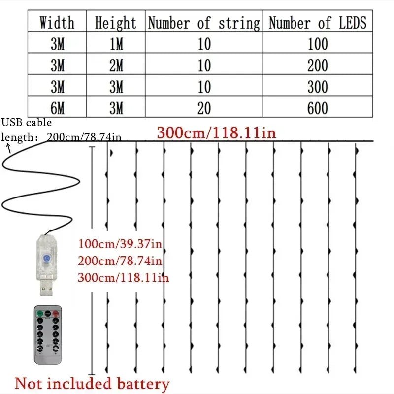 Christmas Home Decoration USB 8 Modes Fairy Garland Lights LED Curtain String Lights with Remote Control for Bedroom Wedding - Jaico Online Shop