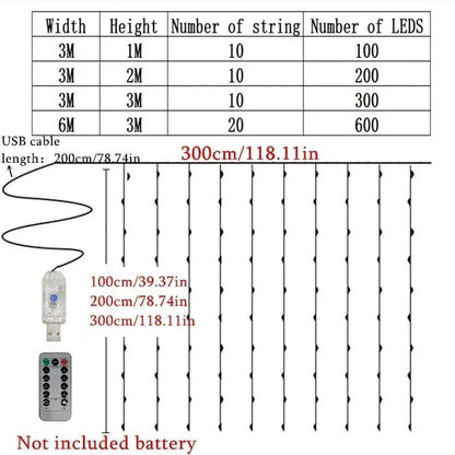 Christmas Home Decoration USB 8 Modes Fairy Garland Lights LED Curtain String Lights with Remote Control for Bedroom Wedding - Jaico Online Shop