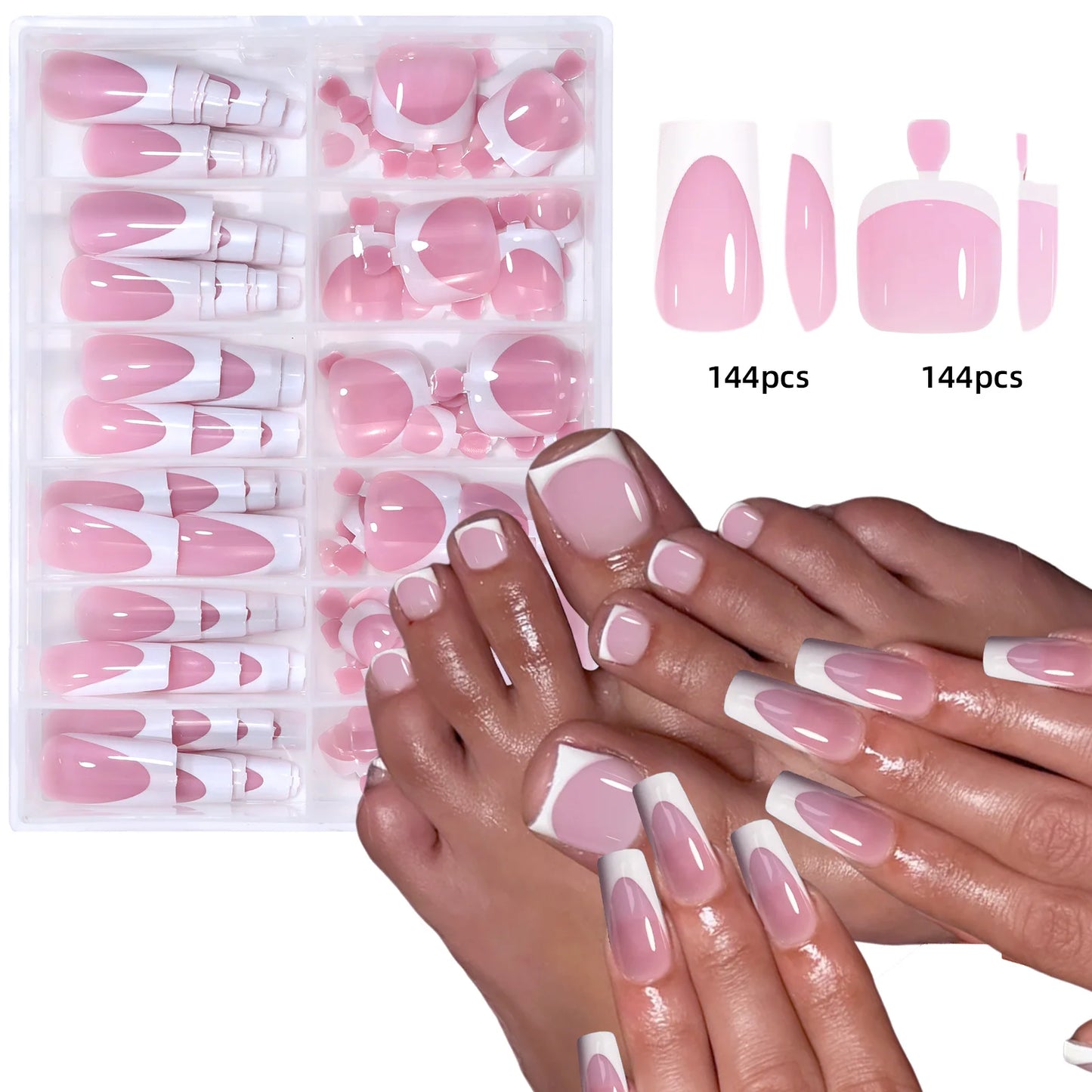 144pcs French hand and foot wear nail set summer short square shiny false toenail acrylic full coverage suitable for nail salon