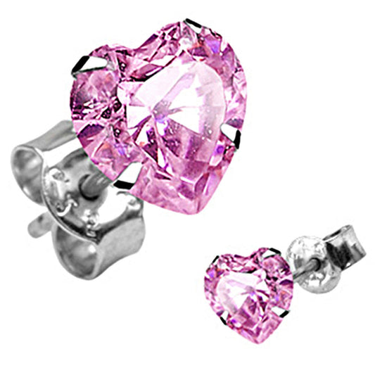 925 Sterling Silver Pink CZ Heart Stud Earrings