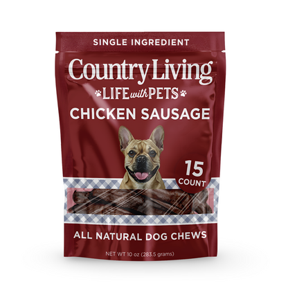 Country Living 4”-5” Beef Flavored Chicken Sausage Dog Treats – 15 Count Bag – Soft & Chewy, High-Protein Training & Reward Treats – Grain-Free, No Artificial Flavors or Preservatives