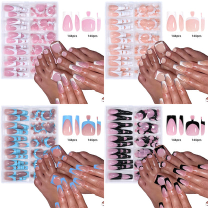 144pcs French hand and foot wear nail set summer short square shiny false toenail acrylic full coverage suitable for nail salon