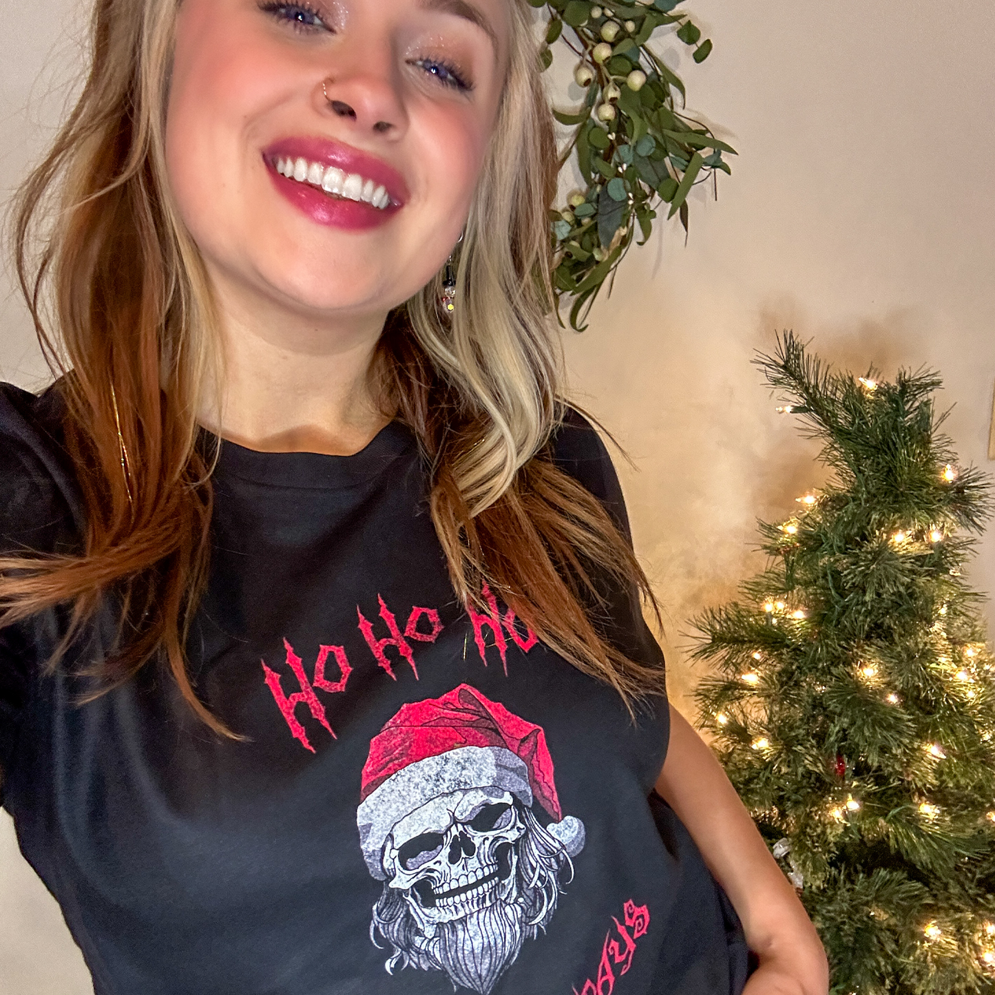 Holiday Skeleton Santa Claus Black Tee Shirt