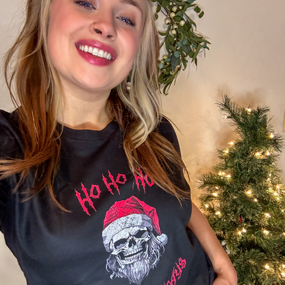 Holiday Skeleton Santa Claus Black Tee Shirt