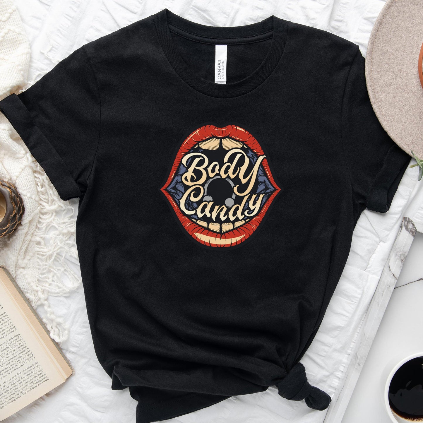 Big Mouth Piercing Body Candy Black Crew Neck Tee Shirt