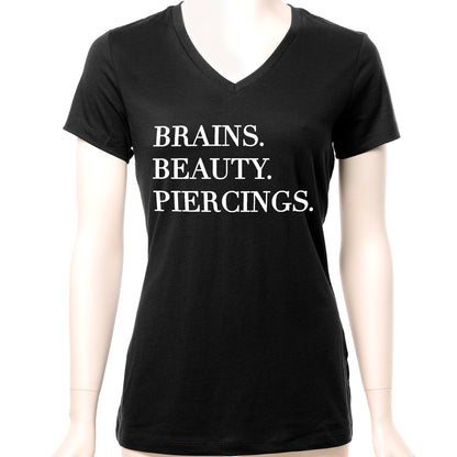 Brains Beauty & Piercings Tapered V-Neck Tee Shirt