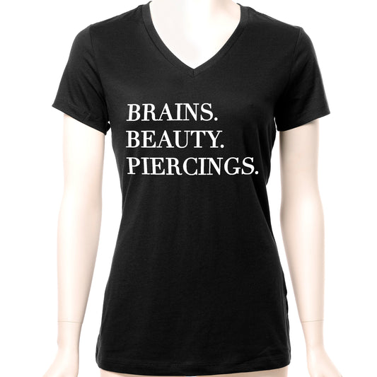 Brains Beauty & Piercings Tapered V-Neck Tee Shirt