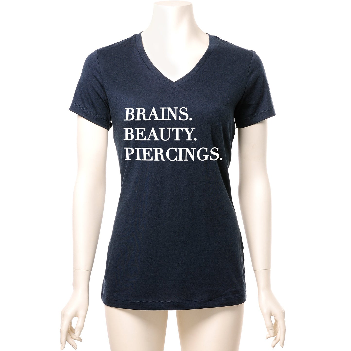 Brains Beauty & Piercings Tapered V-Neck Tee Shirt