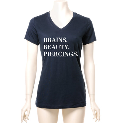 Brains Beauty & Piercings Tapered V-Neck Tee Shirt