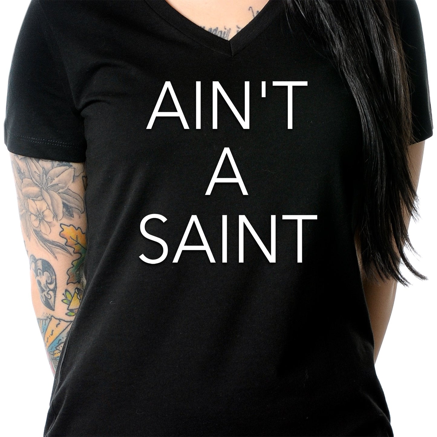 Ain't a Saint Black V-Neck Tee Shirt