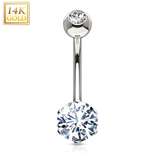 14k Solid White Gold 6-Prong Set 6mm CZ Belly Ring