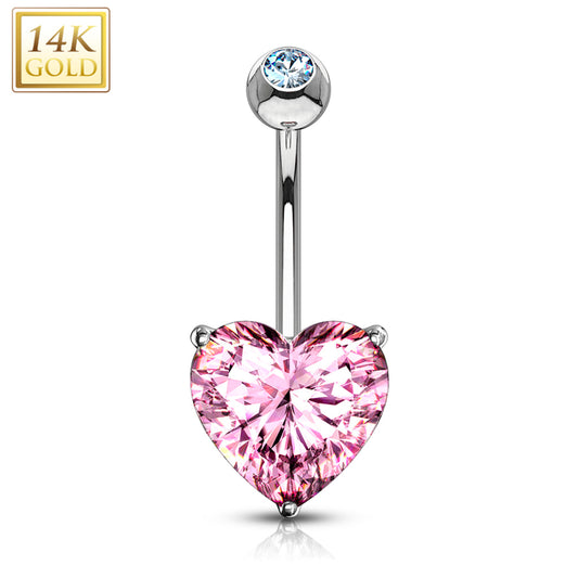 14k Solid White Gold Prong Set Pink 6mm CZ Heart Belly Ring