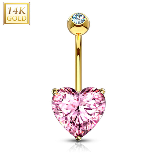 14k Solid Yellow Gold Prong Set Pink 6mm CZ Heart Belly Ring