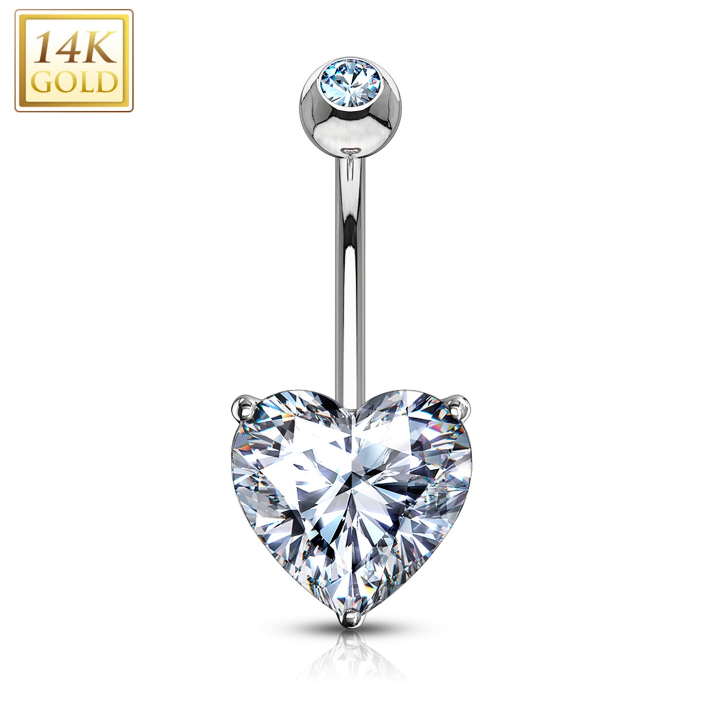 14k Solid White Gold Prong Set 8mm CZ Heart Belly Ring
