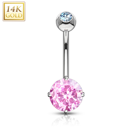 14k Solid White Gold 4-Prong Set Pink 6mm CZ Belly Ring