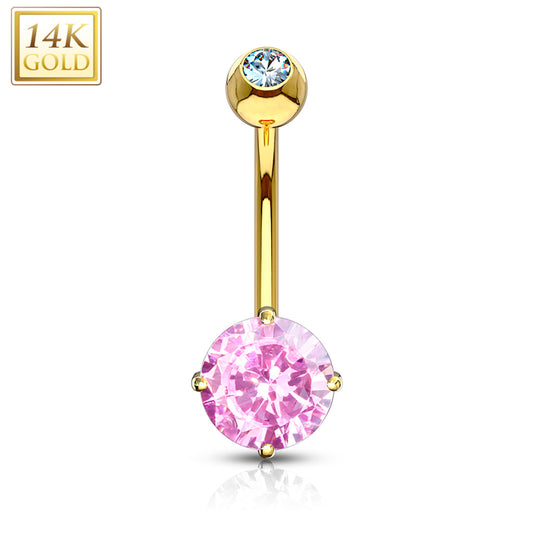 14k Solid Yellow Gold 4-Prong Set Pink 6mm CZ Belly Ring