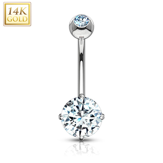 14k Solid White Gold 4-Prong Set 8mm CZ Belly Ring