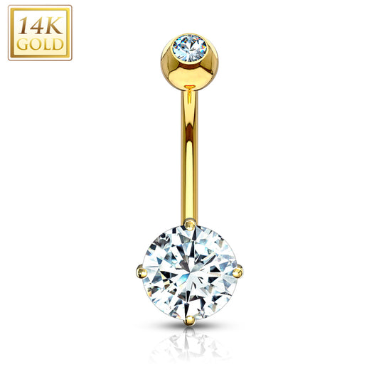 14k Solid Yellow Gold 4-Prong Set 8mm CZ Belly Ring