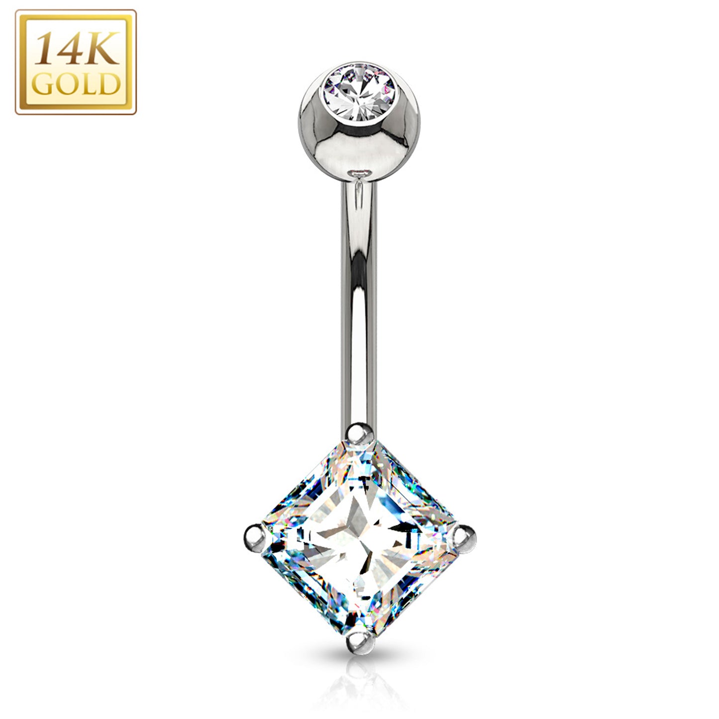 14k Solid White Gold Prong Set 5mm Princess Cut CZ Belly Ring