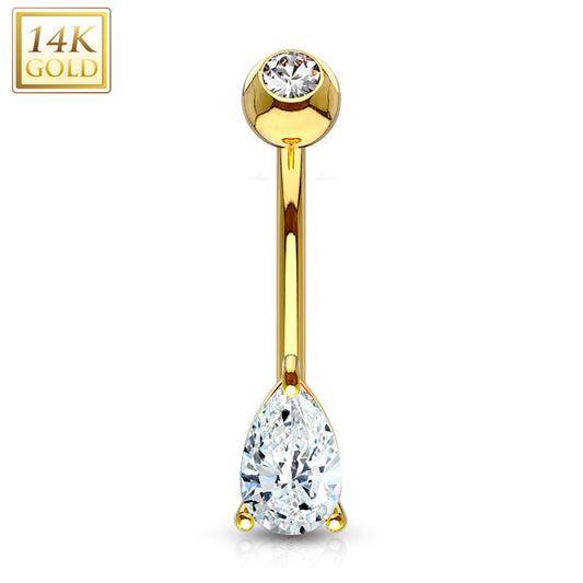 14k Solid Yellow Gold 6mm CZ Deluxe Tear Drop Belly Ring