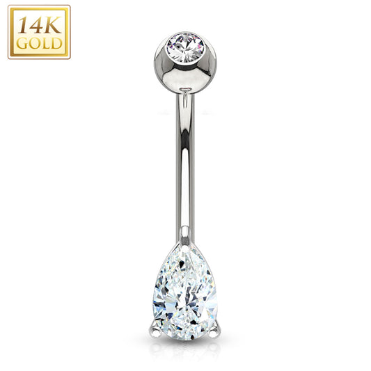 14k Solid White Gold 9mm CZ Deluxe Tear Drop Belly Ring