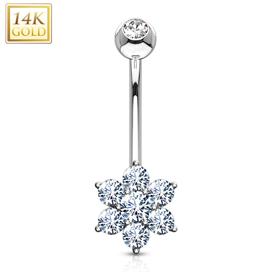 14k Solid White Gold Fancy Cubic Zirconia Flower Belly Ring