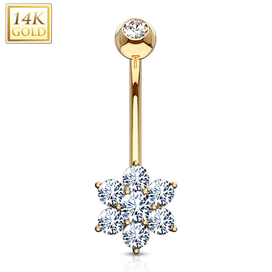 14k Solid Yellow Gold Fancy Cubic Zirconia Flower Belly Ring