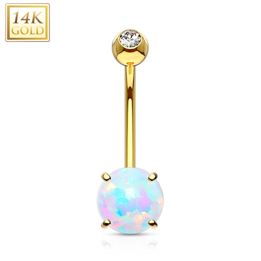 14k Solid Yellow Gold Regal CZ 6mm Synthetic Opal Belly Ring