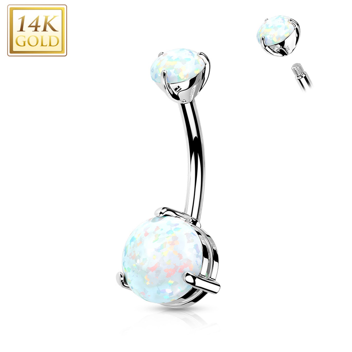 14k Solid White Gold Double Prong Set Synthetic Opal Belly Ring
