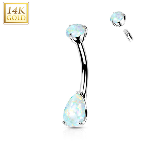 14k Solid White Gold Double Prong Set Teardrop Synthetic Opal Belly Ring