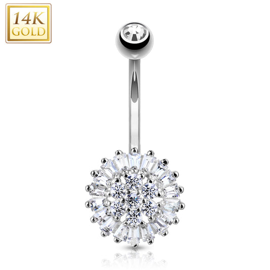 14k Solid White Gold Cubic Zirconia Sunflower Belly Ring