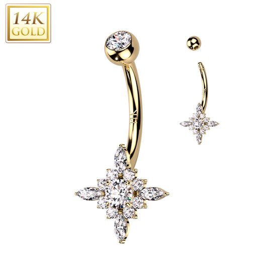 14k Solid Yellow Gold Cubic Zirconia Star Burst Belly Ring