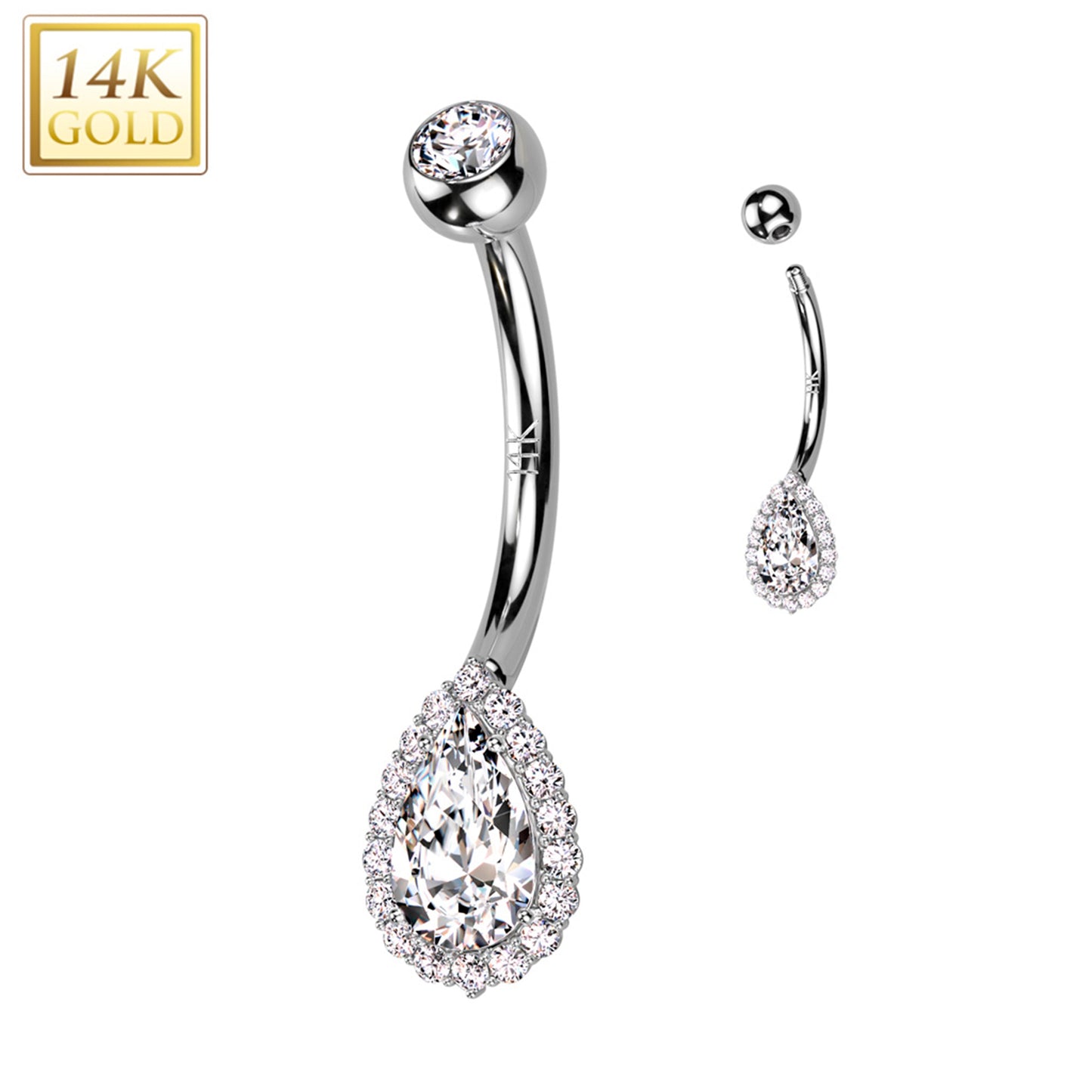 14k Solid White Gold Cubic Zirconia Deco Tear Drop Belly Ring