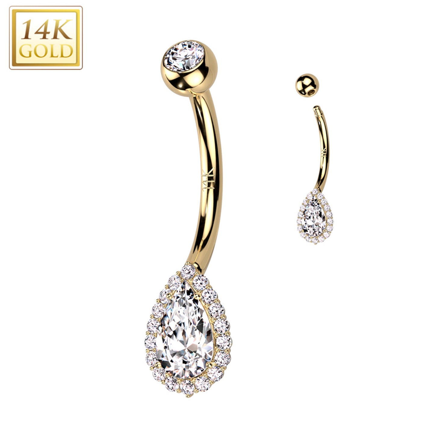 14k Solid Yellow Gold Cubic Zirconia Deco Tear Drop Belly Ring