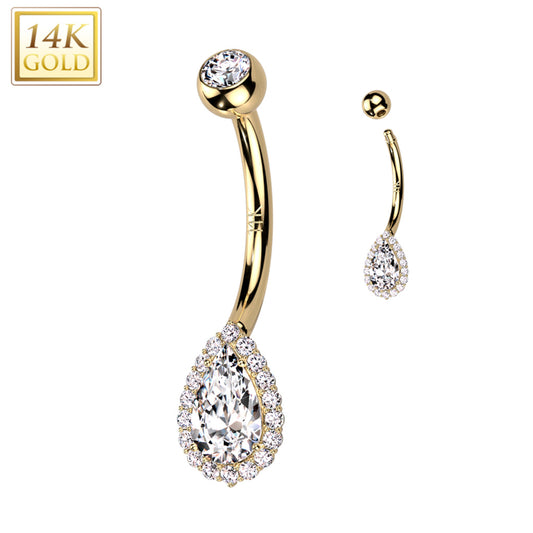 14k Solid Yellow Gold Cubic Zirconia Deco Tear Drop Belly Ring
