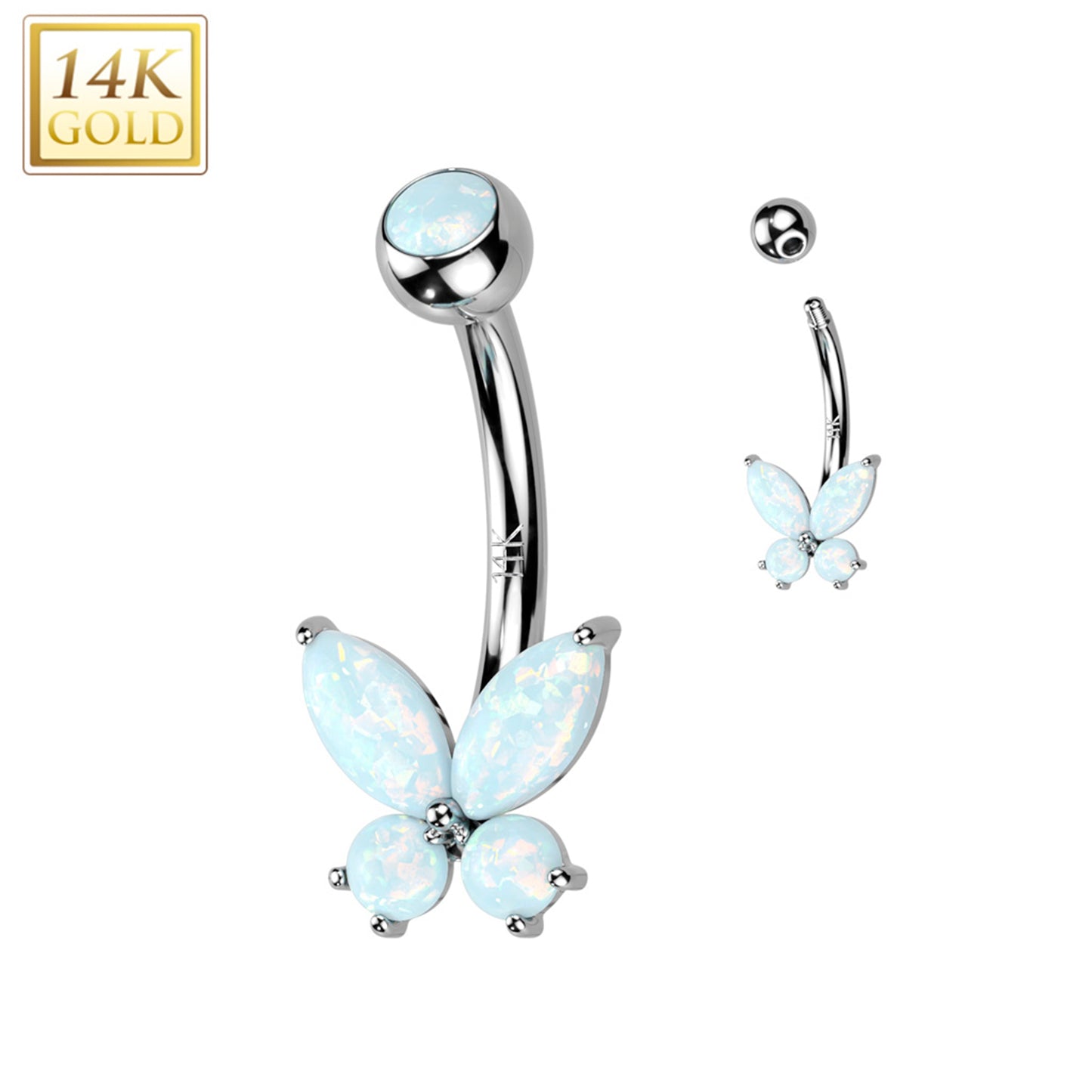 14k Solid White Gold Synthetic Opal Butterfly Belly Ring