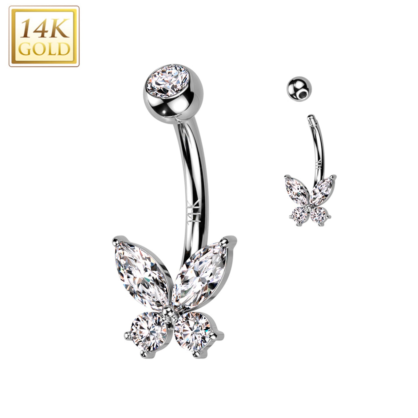 14k Solid White Gold Cubic Zirconia Butterfly Belly Ring