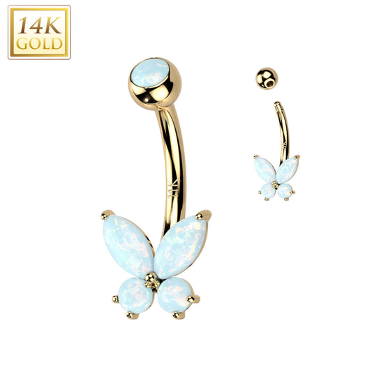 14k Solid Yellow Gold Synthetic Opal Butterfly Belly Ring