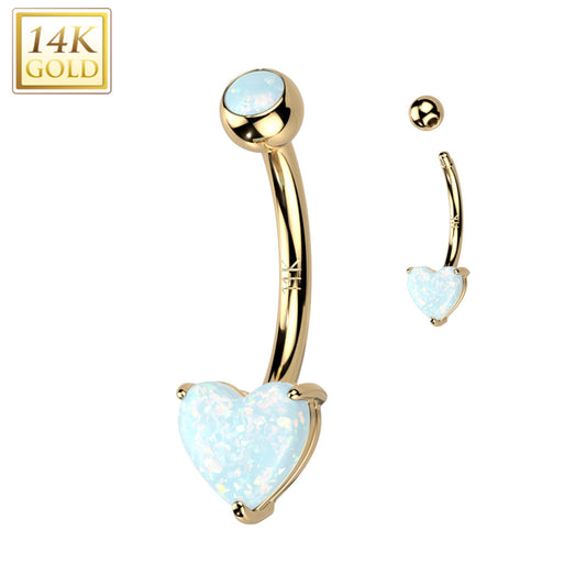 14k Solid Yellow Gold 6mm Synthetic Opal Heart Belly Ring